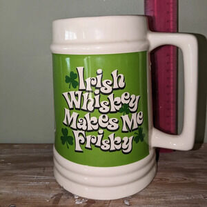 Huge 4 Cup Beer Mug Stein Stoneware "Irish Whiskey Makes Me Frisky" - 7in